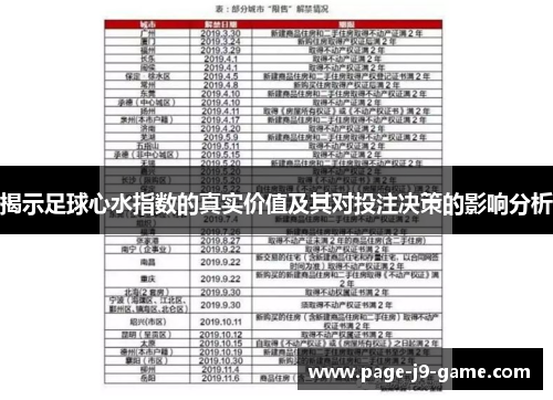 揭示足球心水指数的真实价值及其对投注决策的影响分析