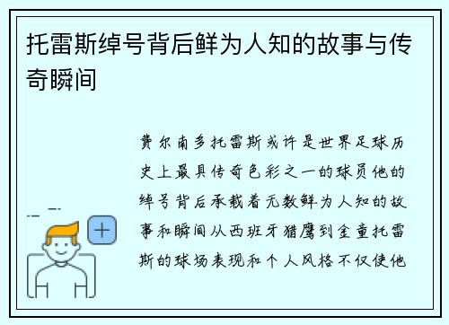 托雷斯绰号背后鲜为人知的故事与传奇瞬间