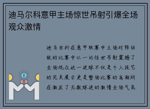 迪马尔科意甲主场惊世吊射引爆全场观众激情 迪马尔科意甲主场惊世吊射引爆全场观众激情